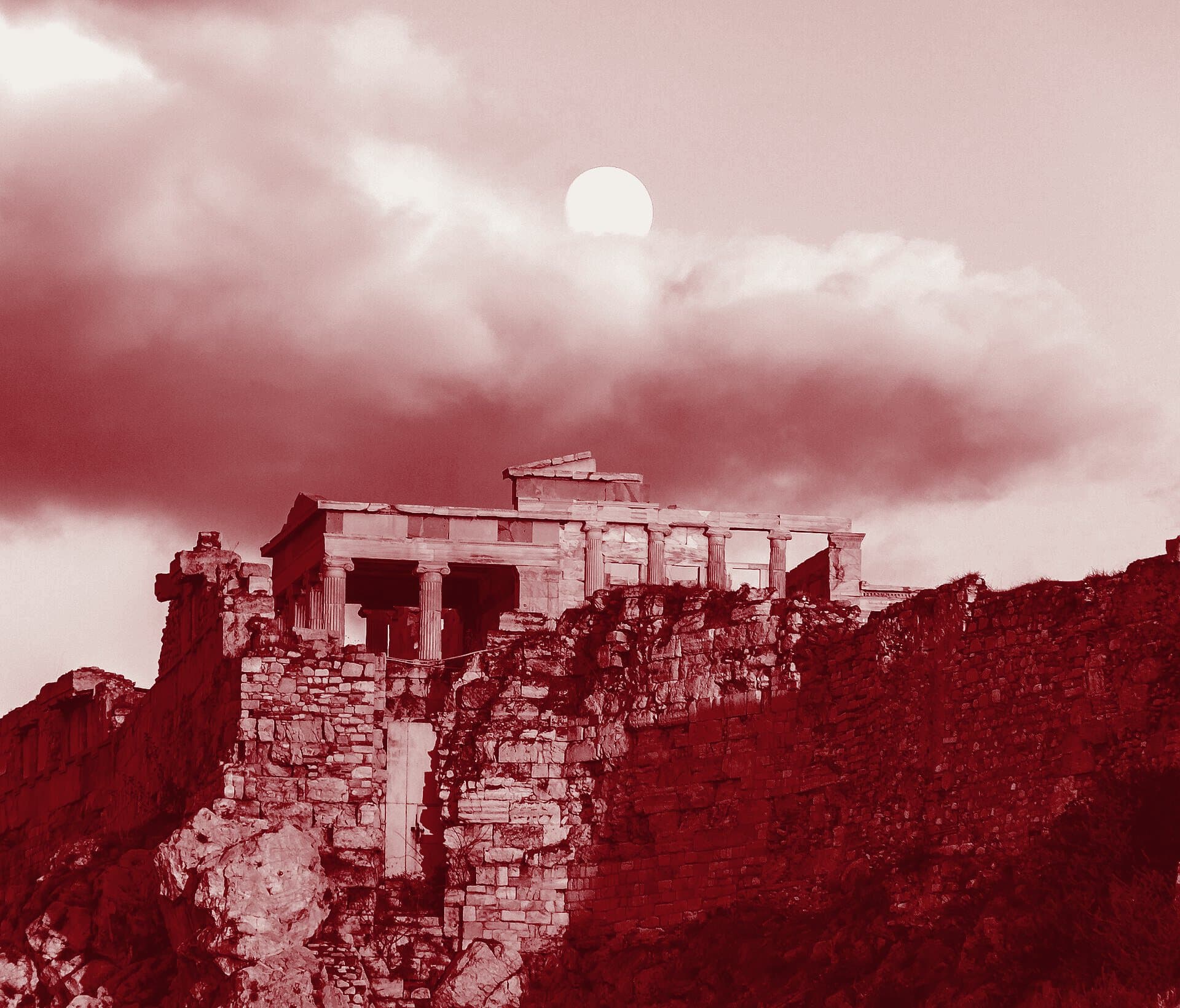 The Erechtheion on the Acropolis at dusk.